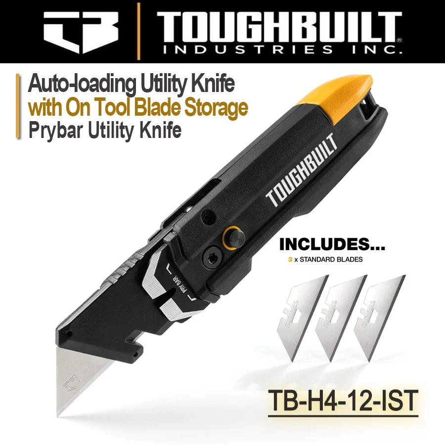 ToughBuilt TB-H4-12-IST Prybar Utility Knife with Storage 3-Blade Retractable Utility Knife Auto-loading Utility Knife