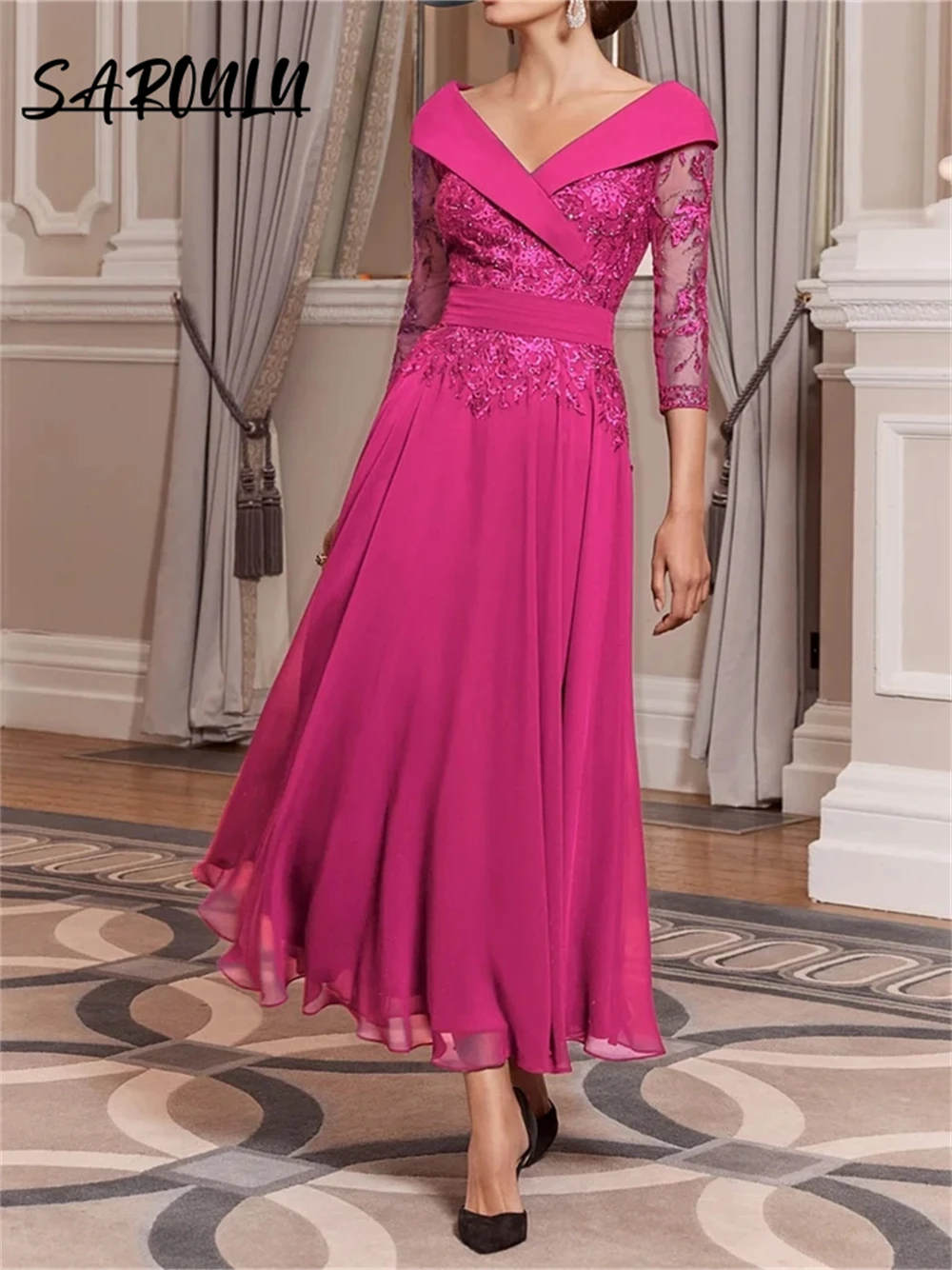 Chiffon Lace Wedding Party Dresses With Three Quarter Sleeves A Line Tea-length Mother Of The Bride Dress Prom Gown