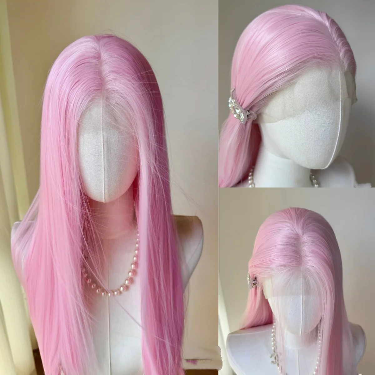 

Rose Pink Wig for Women 13*4 Cosplay Wig 26inch Long Straight Hair Wigs Synthetic Lace Wigs Natural Hairline for Daily Use 가발