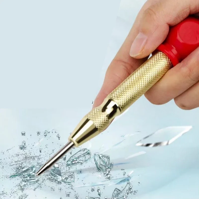 Gold Center Punch with Handle Automatic Spring Positioner Glass Striker Window Breaker Punch Centering and Punching Tool