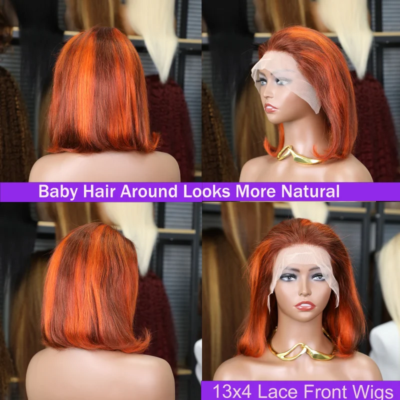 Peluca Frontal de encaje recto 13x4 Bob, Color marrón, jengibre, naranja, peluca Bob corta recta de hueso Remy brasileño para mujer de 10-14 pulgadas