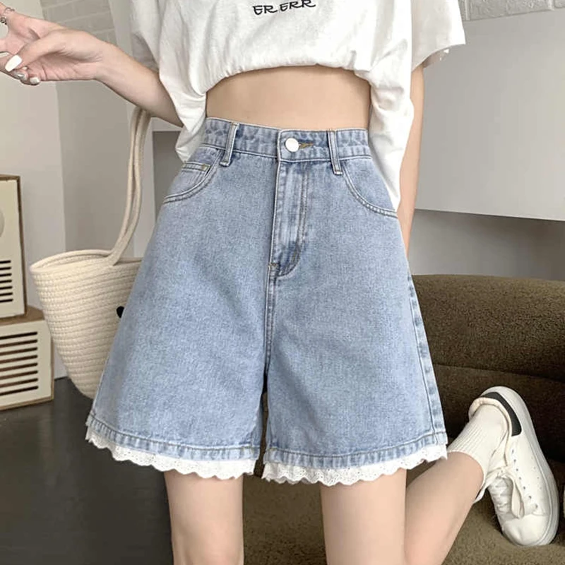 

S-3xl Women Lace Splice Denim Shorts Summer Design High Waist Wide Leg A-line Hot Pants Oversized Blue Short Jeans Streetwear