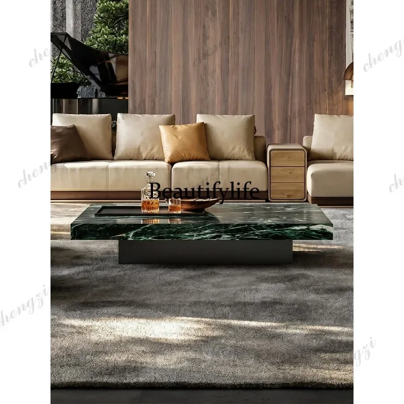 QQ Light luxury high-end large flower green luxury stone coffee table living room new rectangular suspended coffee table table