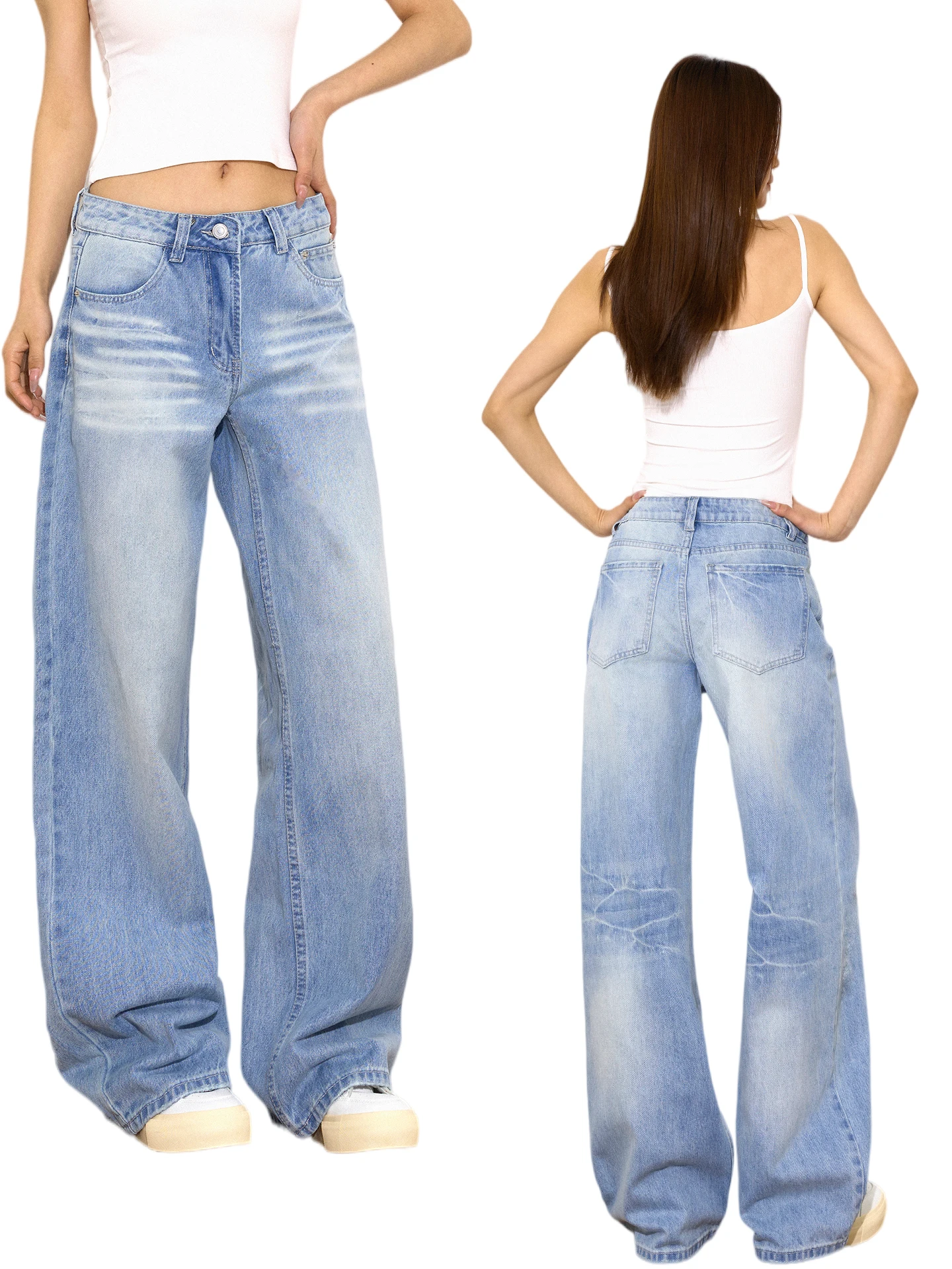 

Light Blue Waed Summer Denim Jeans Women Loose Straight Leg Wide Leg Pants Floor-Length Trousers Comfortable Cotton Jeans