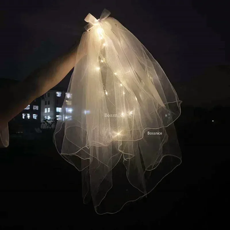 LED Light Glowing Veil Ribbon Bow Glitter VeilTwo Layers Bridal Wedding Veils Soft Tulle Bridal Veils Accessories