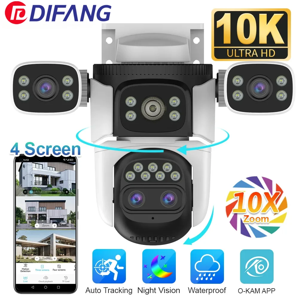 Outdoor WiFi Camera Optical 10X Zoom 10K Four Lens  20MP Four Screens PTZ Human Two Way Audio Auto Tracking Security Camera CCTV