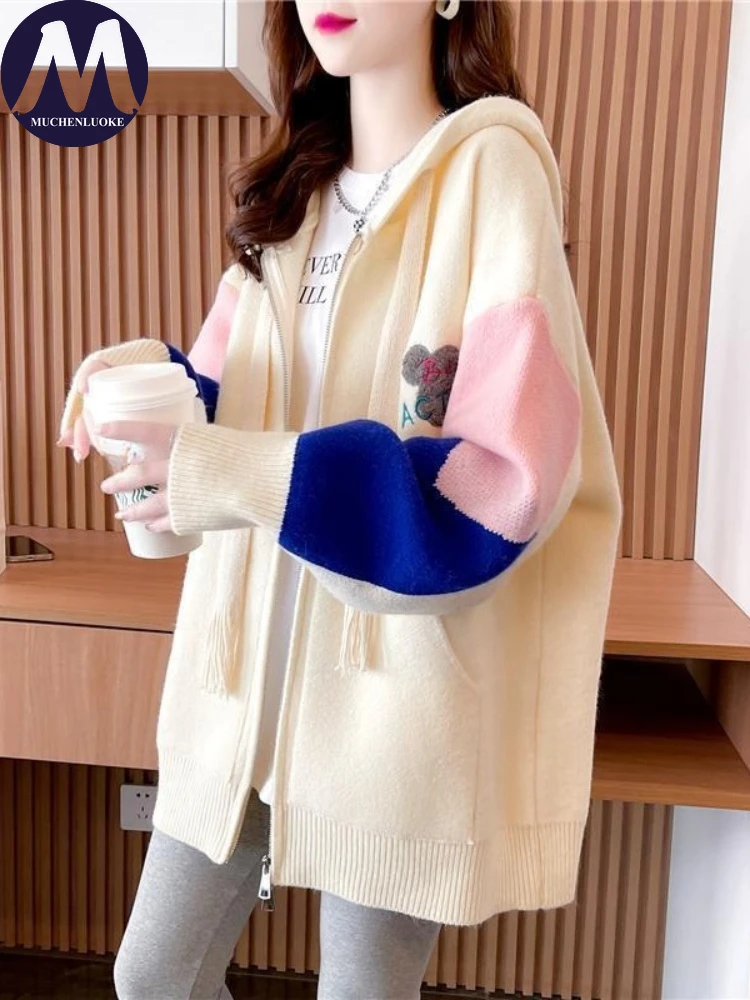 

Женский осенне-зимний кардиган, корейский модный вязаный свитер с капюшоном, пальто, повседневное свободное утолщенное теплое пальто