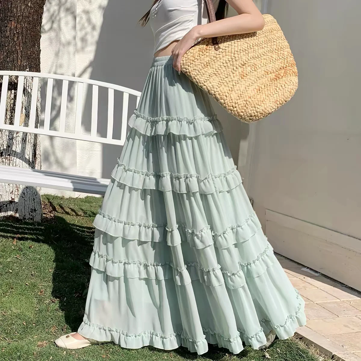 Saia Longa Branca Retrô para Mulheres, Cintura Alta, Elegante, Vintage, com Renda, Estilo Coreano, Casual, para o Verão, Tamanhos Grandes