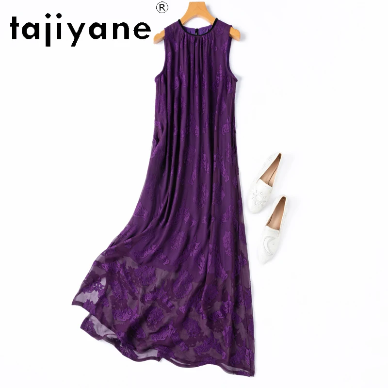 

TAJIYANE 100% Mulberry Silk Dress Woman Summer 2025 Embroidery Purple Long Dresses Vacation Sleeveless Frocks Ladies Clothes 원피스
