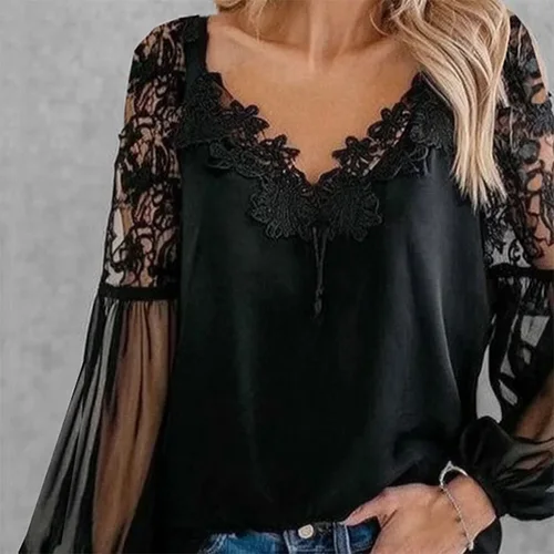 Imagen 2 del producto Blusa de mujer negra elegante Sexy con cuello en V encaje empalme manga acampanada blusa sólida Oficina viajero Chic camisa para mujer