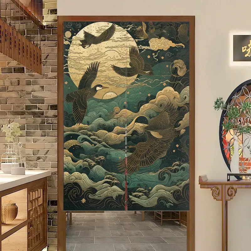 VIKAMA Chinese Black Gold Crane Ocean Wave Door Curtain Full Moon Cloud Bird Luxury Art Linen Noren Bedroom Kitchen Living Room