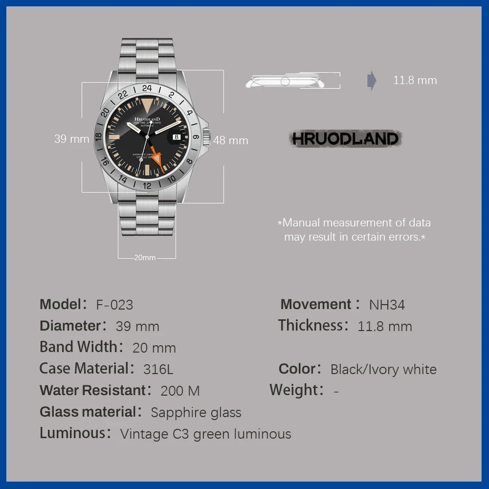 Hruodland Men Classic GMT Automatic Mechanical Watches Sapphire Glass NH34 Stainless Steel Diving Wristwatches Reloj Hombre