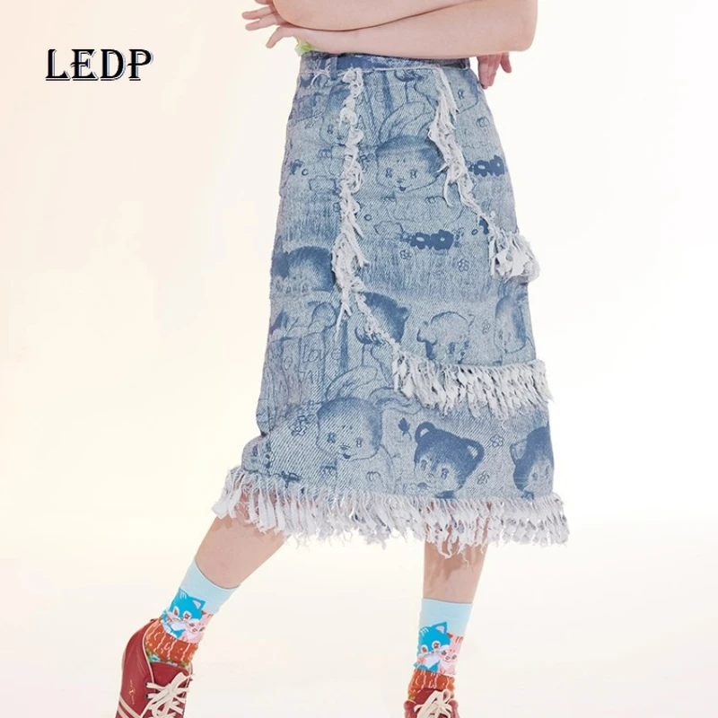 Retro-Design, hellblauer Tierdruck, mit Fransen, mittellanger Rock für Damen, 2025, neue, vielseitige Imitations-Denim-A-Linien-Röcke für Damen