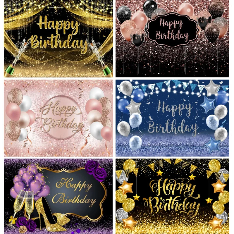 

Golden Happy Birthday Background Champagne Sparkling Backdrop for Men Women Party Decorations Glitter Bokeh Photo Photo Props