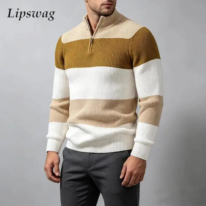 Retro Contrast Color Knit Sweater Mens Autumn Winter Stand Collar Long Sleeve Pullover Fashion Knitted Polo Shirts Mens