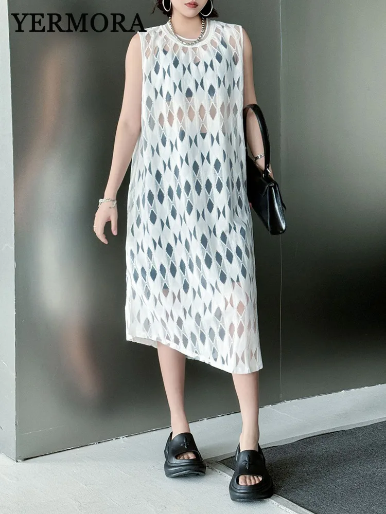 

YERMORA Women White Hollow Out Spliced Mesh Perspective Casual Dress O-neck Sleeveless Loose Fashion Tide Spring Summer 2025