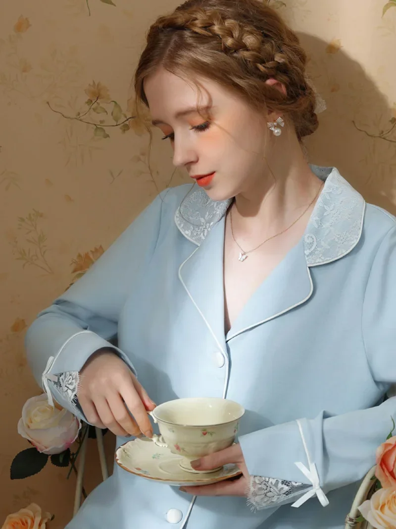 

Женские пижамные комплекты из двух предметов, хлопковые женские весенне-осенние кружевные милые кардиганы с длинными рукавами, рубашка и брюки, одежда для сна принцессы в стиле ретро