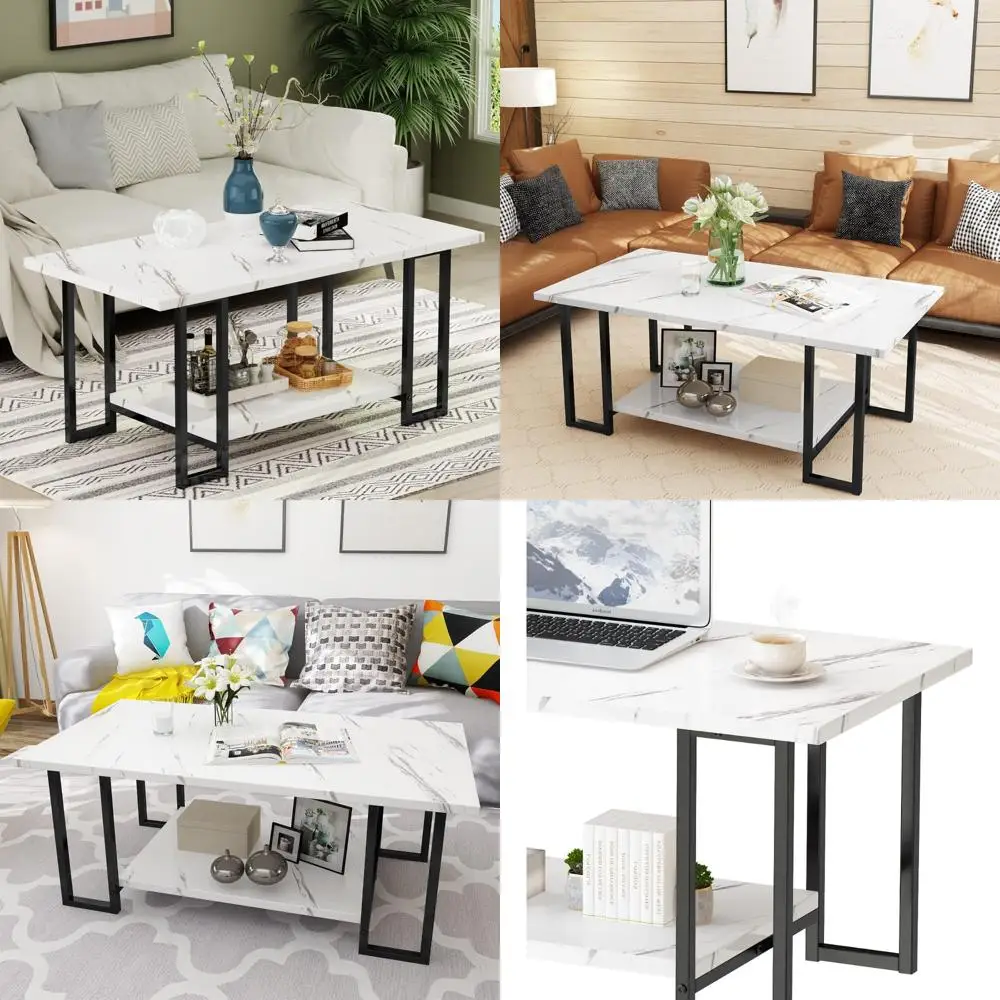 

Rectangular Faux Marble Coffee Table with Black Metal Frame for Living Room, 2 Tier Design