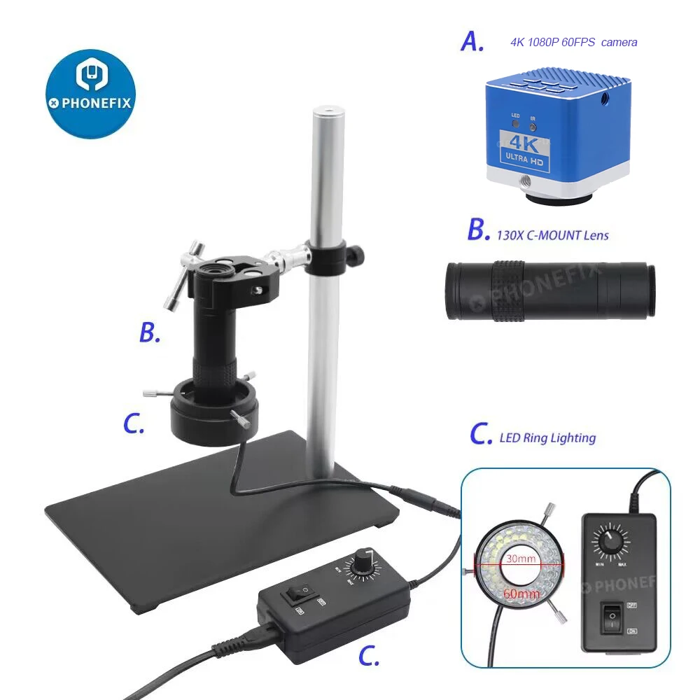 

Industrial Digital Microscope Camera Set 48MP 4K 51MP HDMI USB Camera Universal 360° Rotatable Articulating Magic Arm 130X Lens