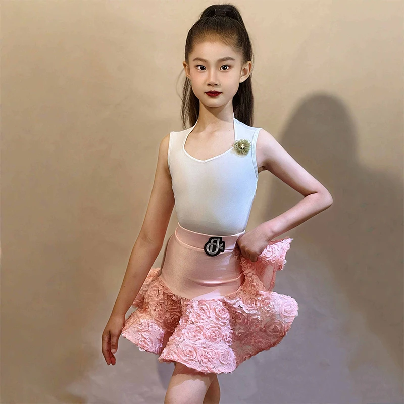 

Latin Dance Costume Children Tango Waltz Samba Dance Performance Clothes Girls Sleeveless Professional Dance Practice Set XH2927