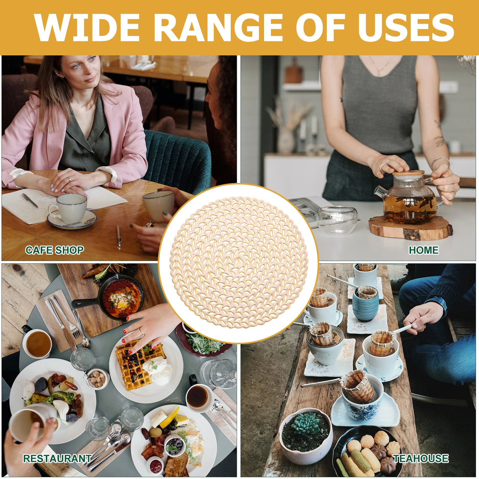 

10Pcs Golden PVC 10cm Round Non Coffee Cup Mats Washable Hollow Design Table Mat Place Mats for Dining Decor