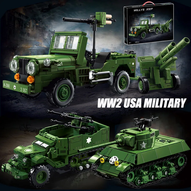 

WW2 USA Military Weapons Building Blocks M36 Tank Destroyer Bricks M16 Half-track Armor Vehicle WILLYS Jeeped Car Toys Boy Gifts