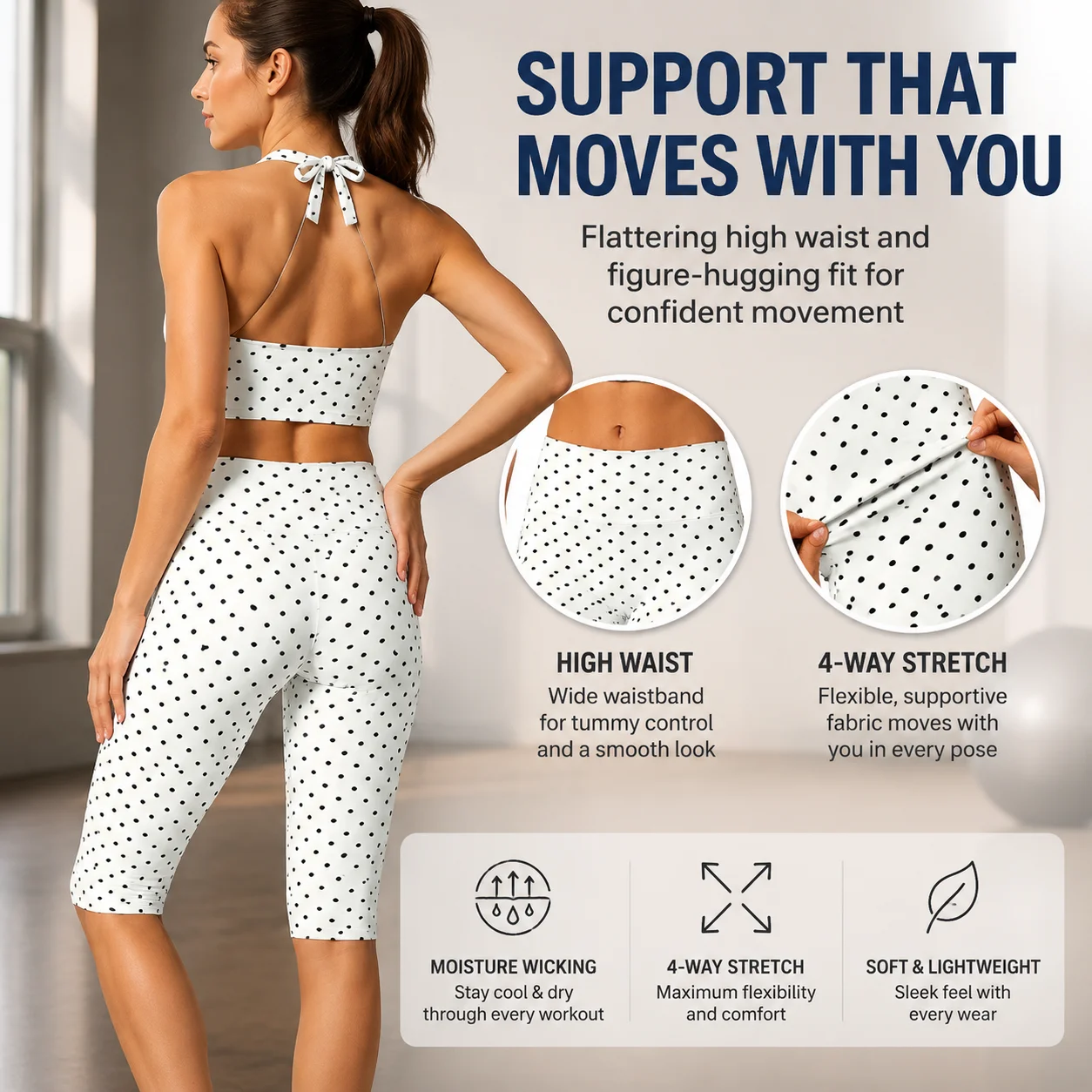 Women Polka Dot Yoga Set 2 Piece Halter Crop Tank Top Capri Pants High Waist Tummy Control Quick Dry Stretchy Activewear