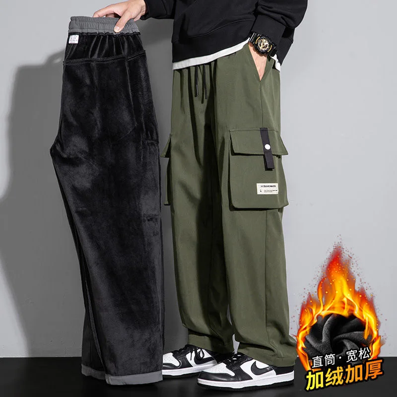 2024 Autumn/Winter New Fashion Trend Loose Straight Leg Overalls Men's Casual Comfort Plus Fleece Thickened Plus-Size Pants 8XL