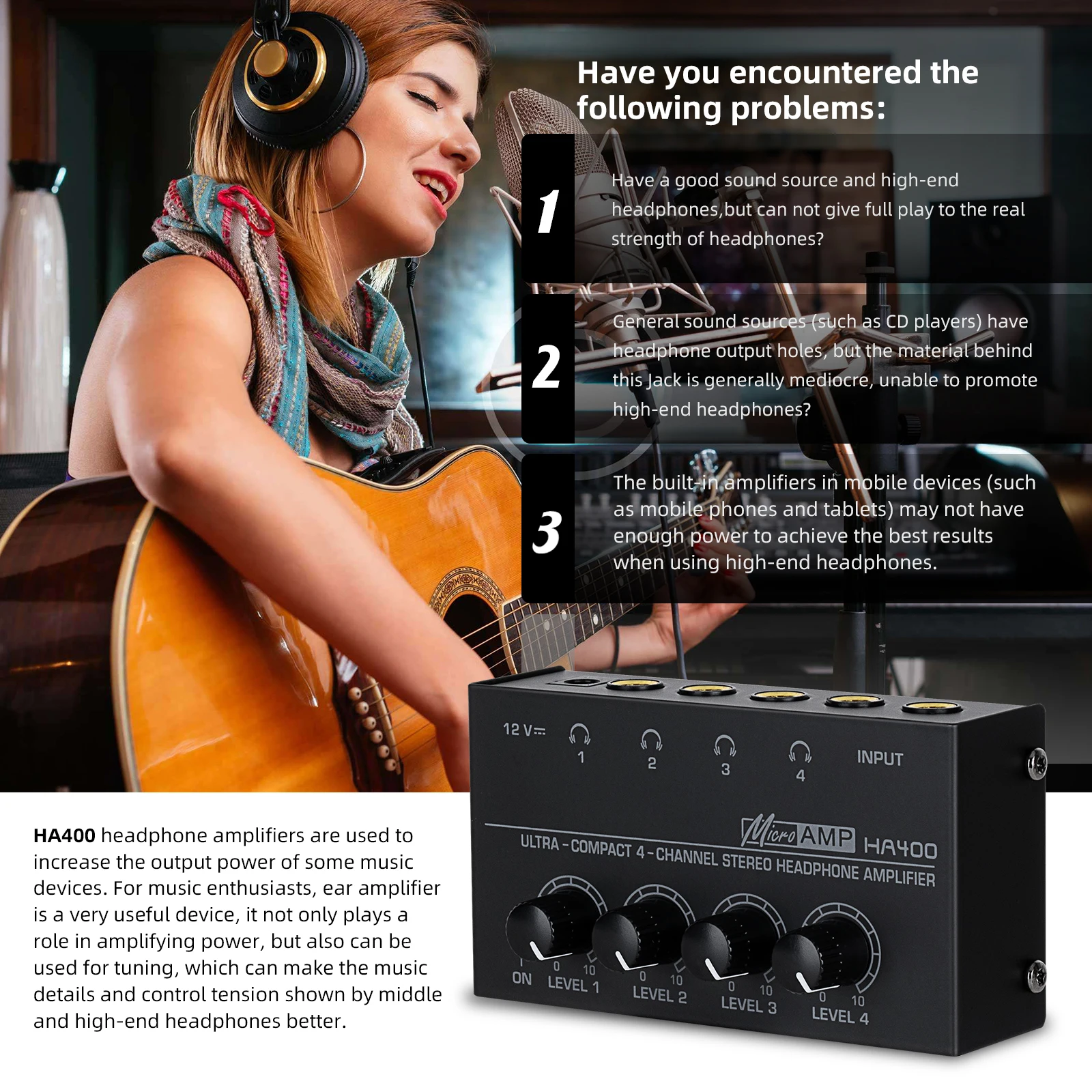 HA400 amplificador de auriculares estéreo de 4 canales, distribuidor de auriculares, Mini ultracompacto para mezclador de música, amplificadores de grabación
