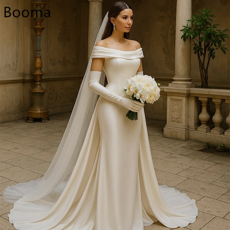 

Booma Mermaid Off The Shoulder Pleat Satin Simple Wedding Dresses Long Sleeveless IvoryElegant Brides Gown Custom Made 2025