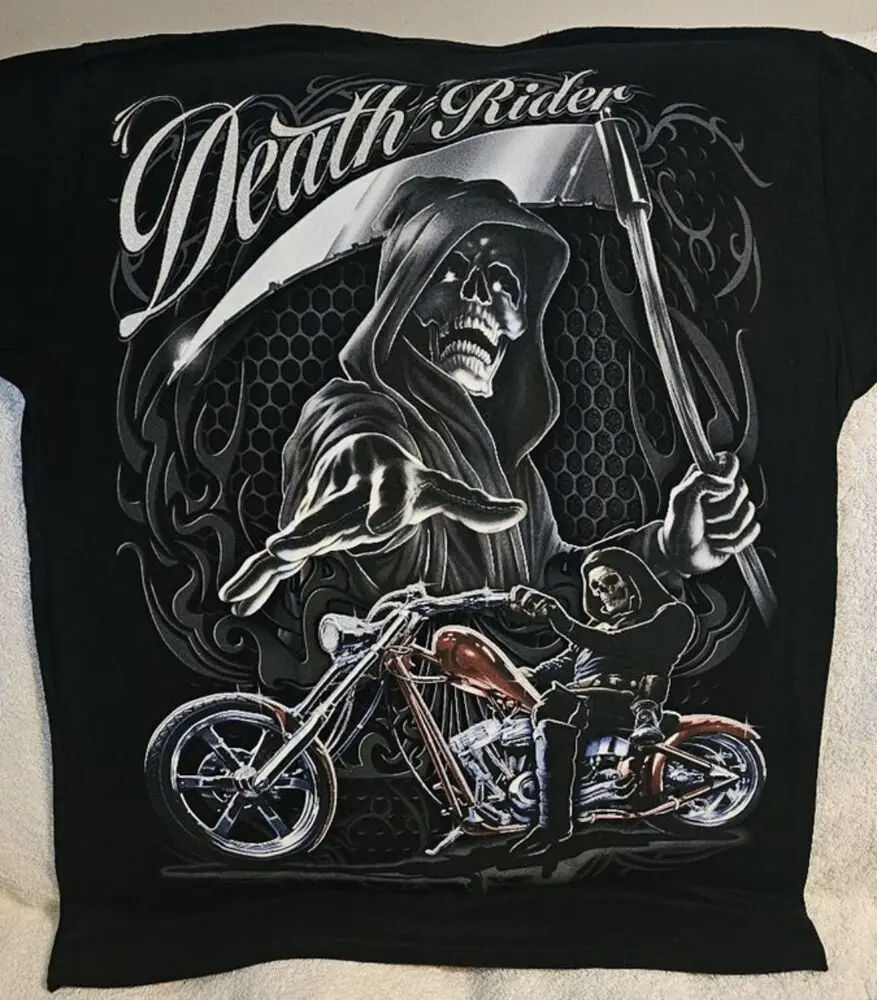 MOTORCYCLE GRIM REAPER SKELETON SCYTHE BIKER LOWRIDER DEATH RIDER T-SHIRT