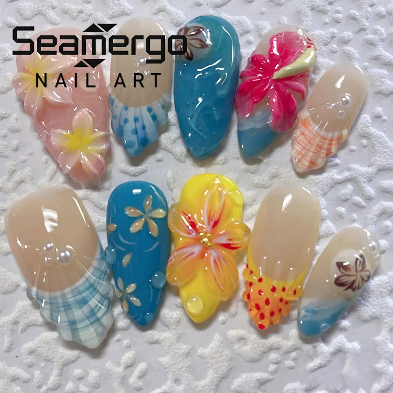 24PCS Nude Press on Nails Almond Fake Nails with 3D Tropical Flower Shell Pearl Details Summer Beach Vacation Nail Art for Women