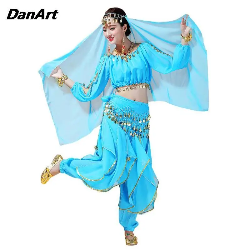 Ladies Indian Dance Stage Performance Costume Womens Belly Dance Set Long Sleeve Top Swivel Pants Halloween Cosplay Costume