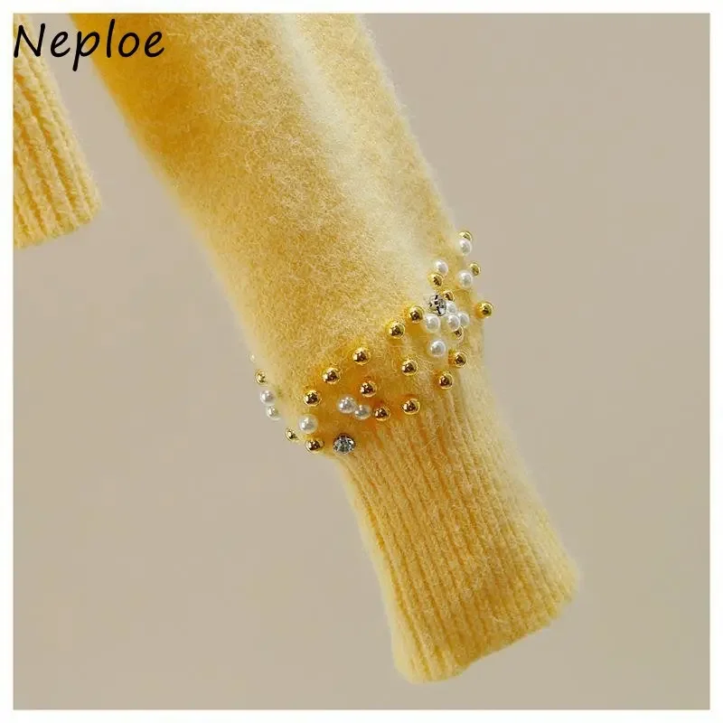 Neploe O Neck Beading Diamonds Outerwear Autumn Solid Color Long Sleeve Single-breasted Sweater Y2k Clothes Cardigan Women