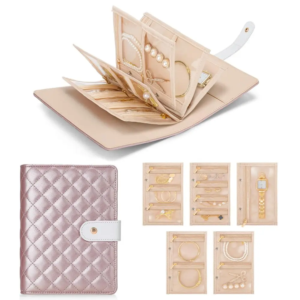Foldable Jewelry Organizer Book Portable Transparent Window Jewelry Storage Album PU Leather Snap Closure