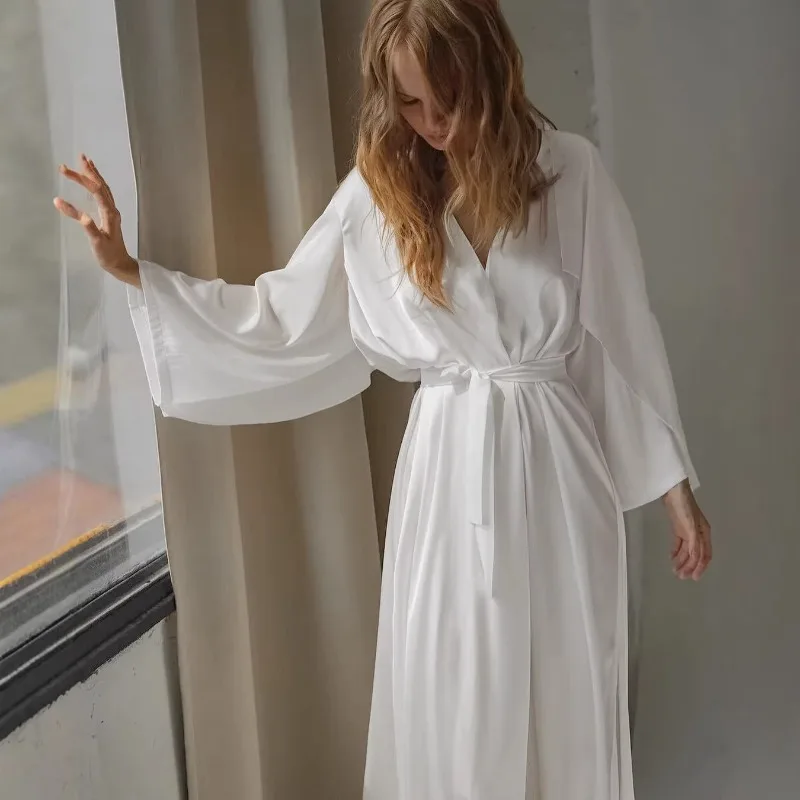 2026 New Spring Summer Satin Lace Up Long Nightgown Women Loose Fit Skin Friendly Lounge Wear European American Styles Robe  L