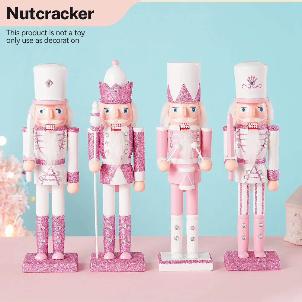 

30CM Wooden Nutcracker Solider Figurine Puppet Pink Glitter Soldier Doll Toy Handcraft Ornament Christmas Home Office Decoration