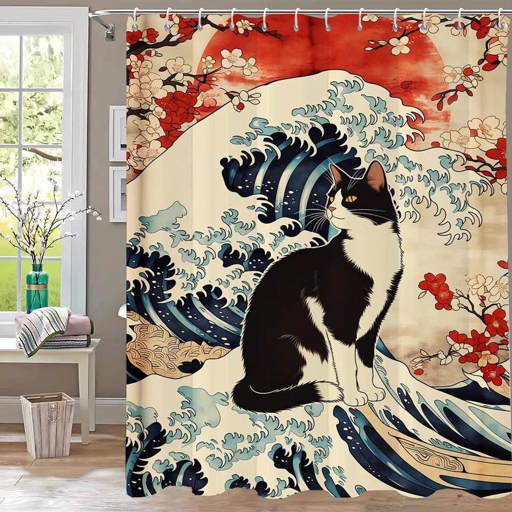 Wave Sunrise Cat Print Waterproof Shower Curtain Partition Privacy Hanging Curtain with 12 Hooks Multiple Sizes Machine Washable