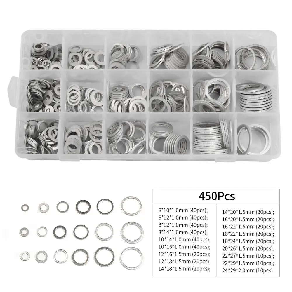 

450pcs Washer Automotive Oil Drain Plug Gaskets Aluminum Flat Washer Sealing Rings Assorted Kit M6 M8 M10 M12 M14M16M18M20M22M24