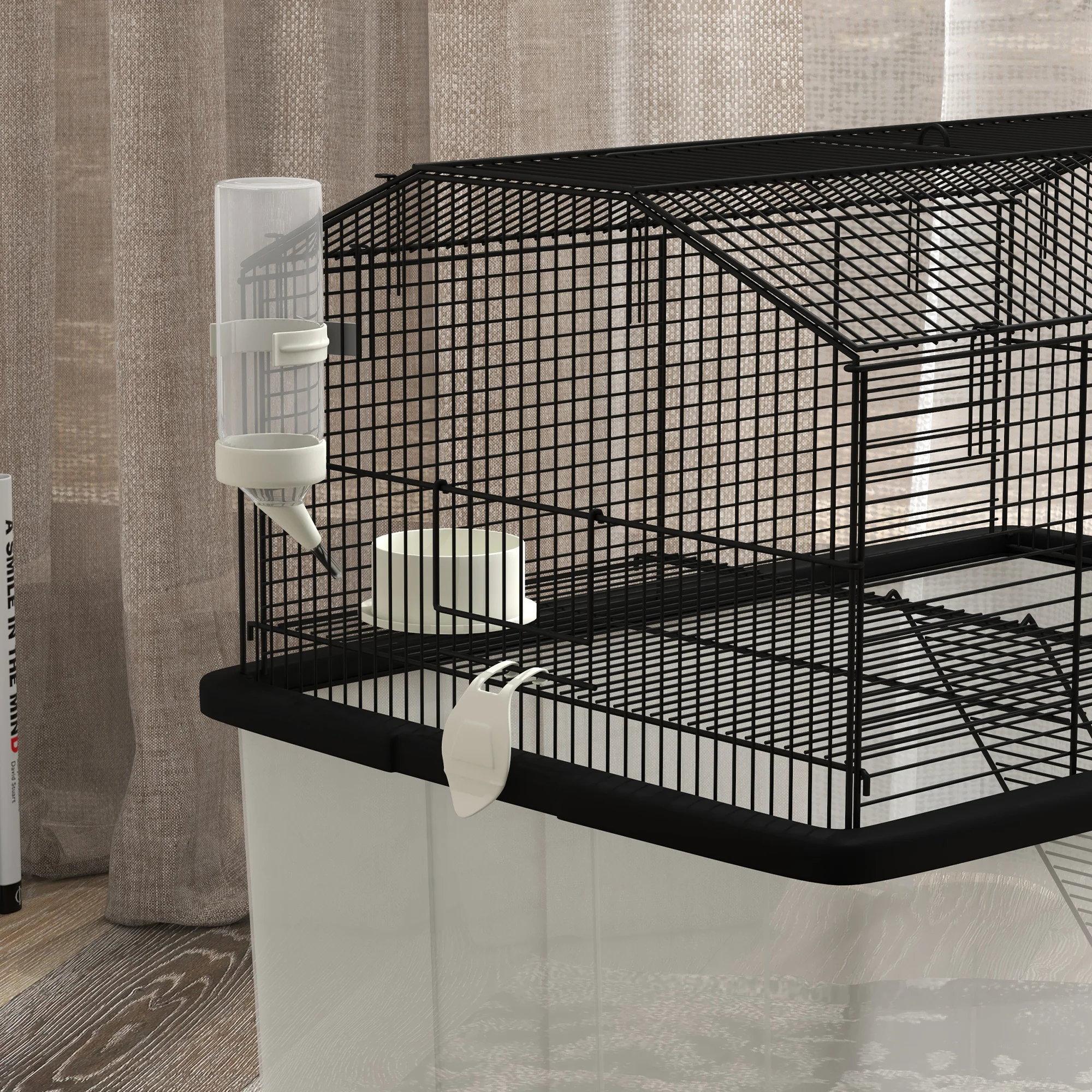 PawHut Hamster Cage, Gerbil Cage with Wheels, Deep Bottom, Ramp, Food Dish, Water Bottle, for Dwarf, Syrian - Black