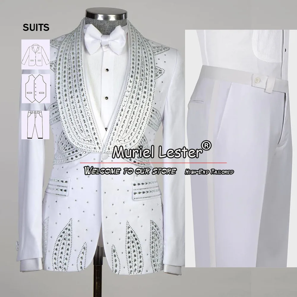 

White Men's Suits For Wedding Luxury Handmade Beading Notched Lapel Blazer Vest Pants 3 Pieces Bridegroom Tuxedo Male Clothing