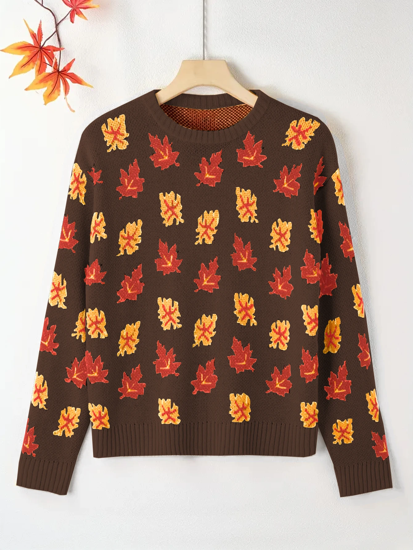 Jersey de talla grande con cuello redondo para mujer, Jersey cálido con patrón de hojas que caen, prendas de punto, ropa de talla grande a la moda para otoño e invierno