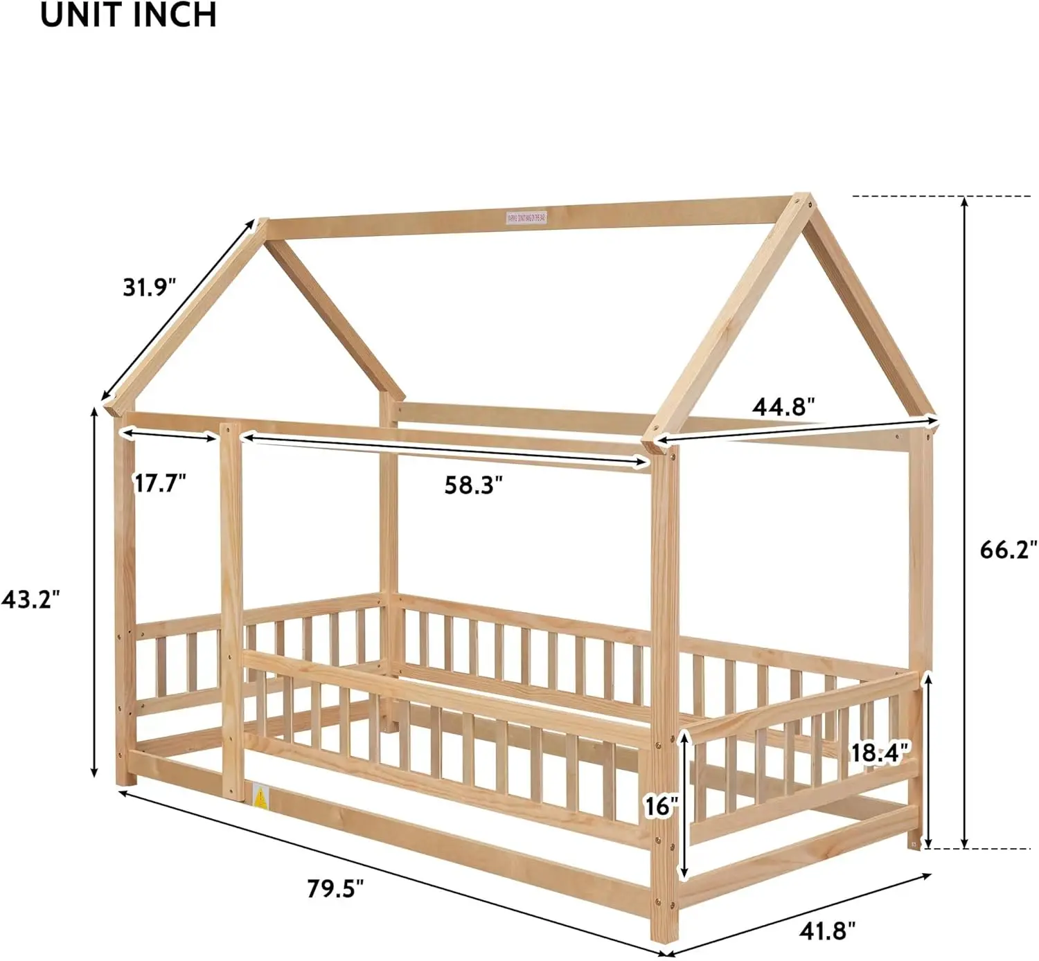 Size House Bed for Boys, Girls, Wooden Montessori Bed with Fence and Roof,Easy to Assemble,No Box Spring Needed, Natural