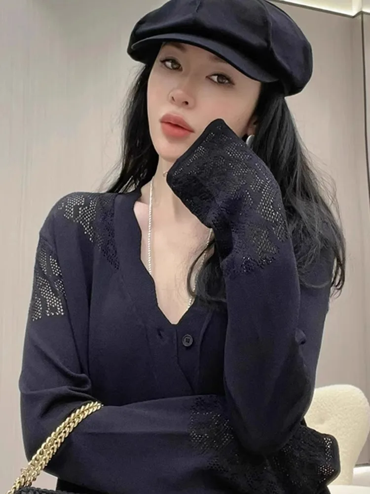 

Comfortable Knitted Long Sve Open Cardigan Women's Sle Casual Slimming Design Hollow out Splicing Top for Autumn