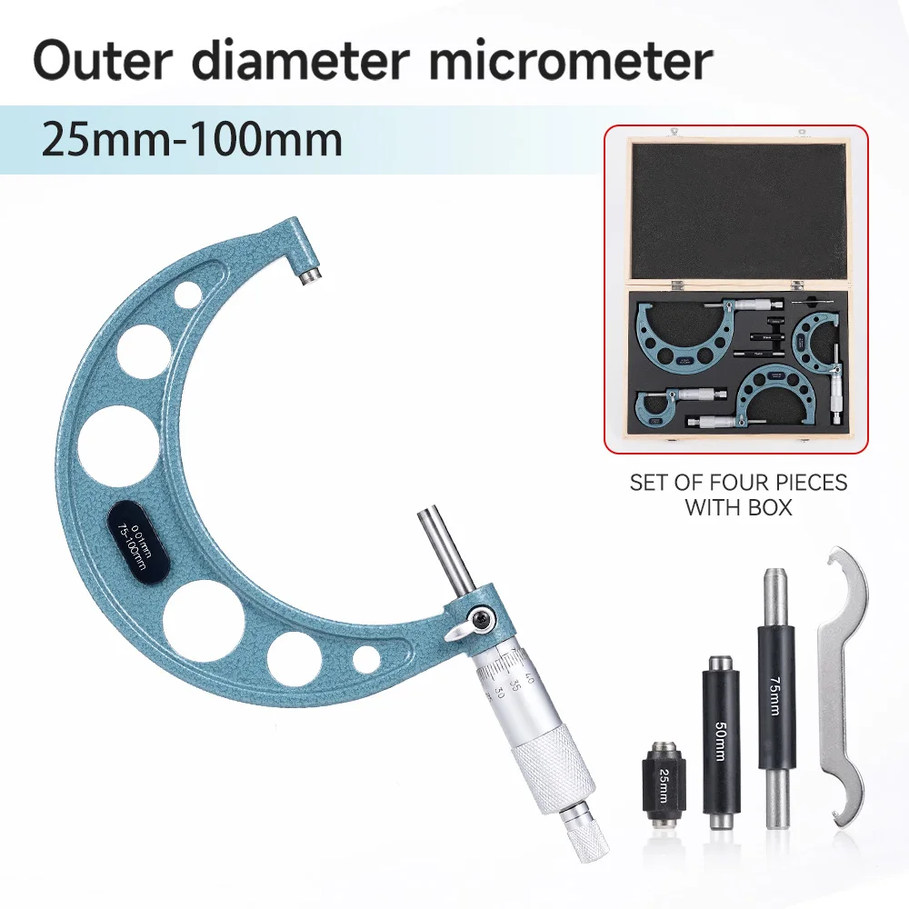 4Pcs/set 0-100mm 4 Precision Outside Micrometer Set Machinist Tool 0.01mm Accuracy Carbide Micrometer Set Kit Measure Tools