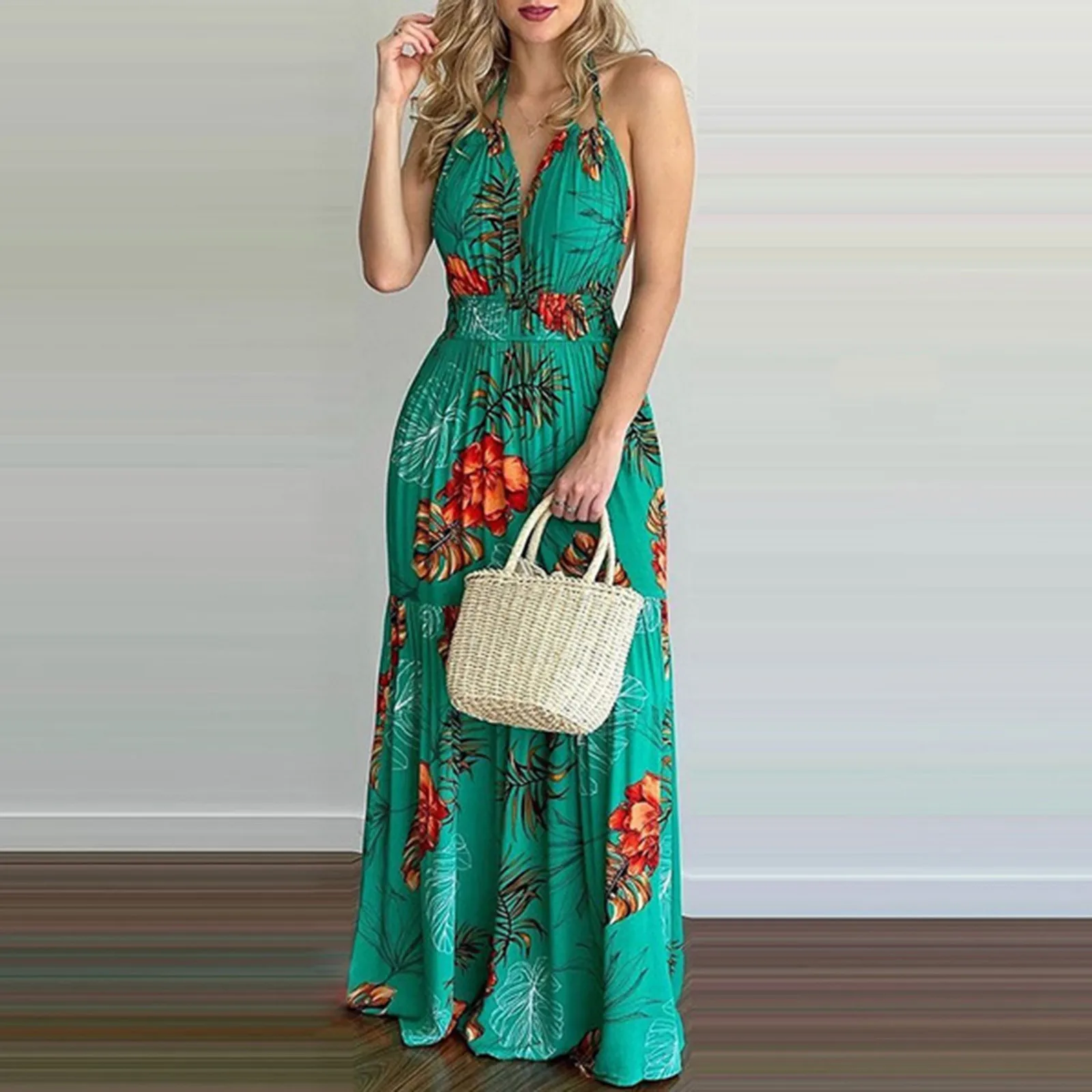 

Women Summer Floral Print Backless Maxi Dress sexy Sleeveless Boho Casual Beach maxi long elegant fashion Sundress