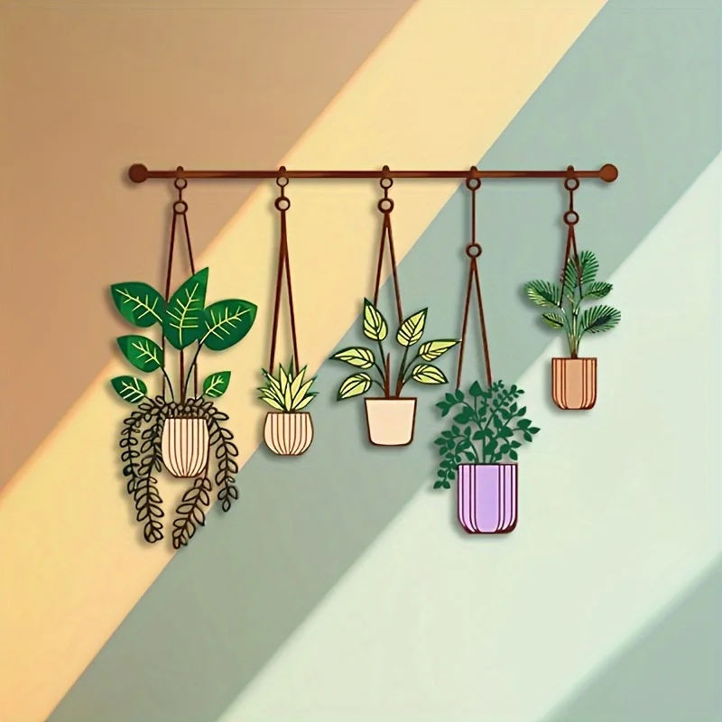 1pc Metal Plant Wall Decoration - Brown Hanging Pipes with Green and Purple Flower Pots, Vertical Flower Arrangement -Heavy Iron