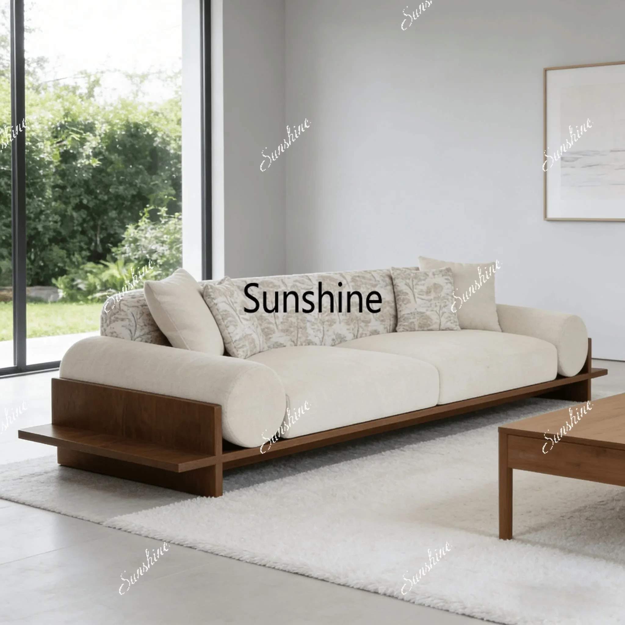 

New Chinese style, classic complex design, light luxury solid wood leather cloth straight row sofaY