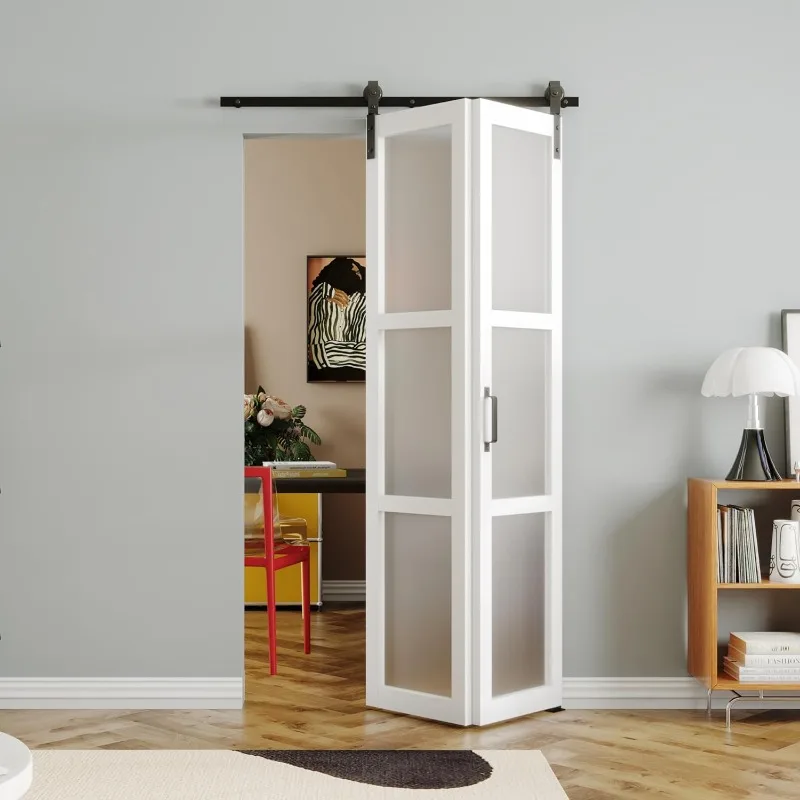 

home.Bifold Barn Door 36"（18" x2） x 84", 3 Lites Tempered Frosted Glass Panel with Sliding Hardware Kit Set, Pre-drilled Closet