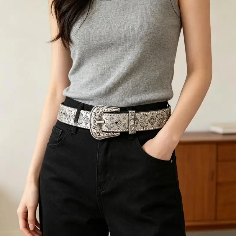 31BB Embossed Western Belt with Engraved Metal Pin Closure and PU Strap for Casual Outfit Styling and Statement Looks
